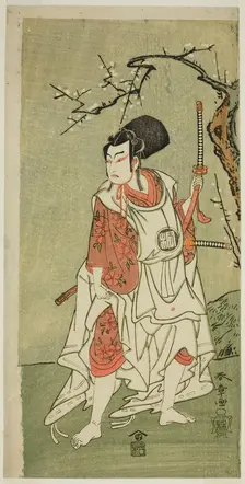The Actor Arashi Sangoro II as Sakura-maru in the Play Sugawara Denju Tenarai Kagami..., c. 1772. Creator: Shunsho