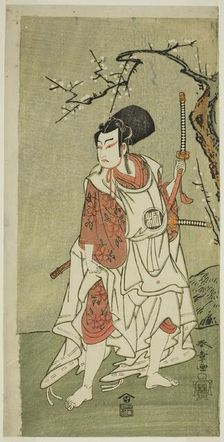 The Actor Arashi Sangoro II as Sakura-maru in the Play Sugawara Denju Tenarai Kagami..., c. 1772. Creator: Shunsho