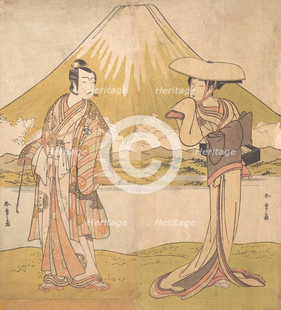 The Actor Bando Mitsugoro as a Man in Sumptuous Raiment, Standing in a Field..., ca. 1778. Creator: Shunsho.