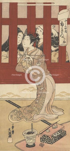 The Actor Bando Hikosaburo II in the Role of the Oiran Hatsuito of Yamashiro-ya, ca. 1770. Creator: Ippitsusai Buncho.