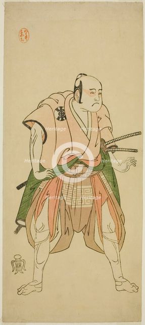 The Actor Bando Sampachi I as Yawata no Saburo (?) in the Play Shuen Soga Omugaeshi..., c. 1768. Creator: Shunsho.