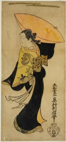 The actor Fujimura Handayu II as Nowake no Mae in the play "Tategami Teika Kazura," perfor..., 1719. Creator: Okumura Toshinobu