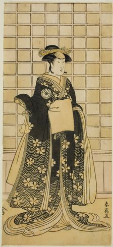 The Actor Iwai Kiyotaro II as Lady Itohagi (?) in the Play Genji Saiko Kogane..., c. 1788. Creator: Katsukawa Shun'ei