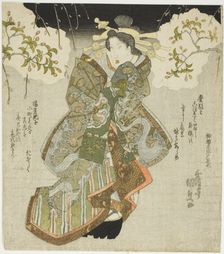 The actor Iwai Kumesaburo II as the courtesan Katsuragi in the play "Oichiza Soga no Shima..., 1827. Creator: Utagawa Kunisada