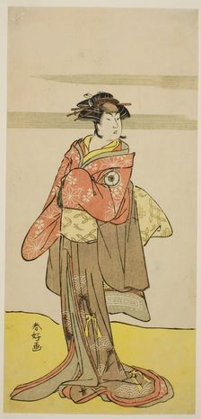 The Actor Iwai Hanshiro IV as Hitomaru Disguised as the Geisha Oshun in the Play Edo..., c. 1783. Creator: Katsukawa Shunko
