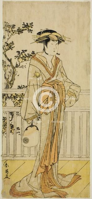 The Actor Iwai Hanshiro IV as Okumi of the Mieido Fan Shop (?) in the Play Sanjuk-koku..., c. 1789. Creator: Katsukawa Shun'ei.