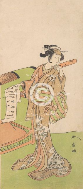 The Actor Iwai Hanshiro IV in Female Role, Standing Beside a Litter, 1726-1792. Creator: Shunsho.