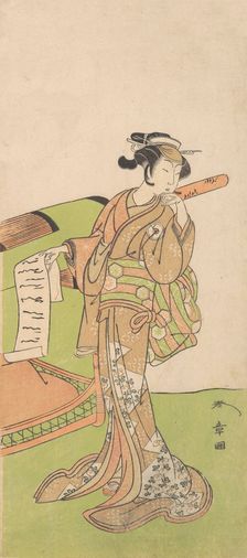 The Actor Iwai Hanshiro IV in Female Role, Standing Beside a Litter, 1726-1792. Creator: Shunsho