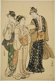 The Actor Iwai Hanshiro IV in Street Attire (by Shun'ei) Conversing with Two Women..., c. 1788. Creators: Katsukawa Shun'ei, Katsukawa Shuncho