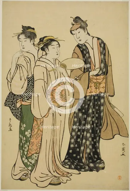 The Actor Iwai Hanshiro IV in Street Attire (by Shun'ei) Conversing with Two Women..., c. 1788. Creators: Katsukawa Shun'ei, Katsukawa Shuncho.