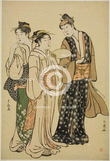 The Actor Iwai Hanshiro IV in Street Attire (by Shun'ei) Conversing with Two Women..., c. 1788. Creators: Katsukawa Shun'ei, Katsukawa Shuncho.