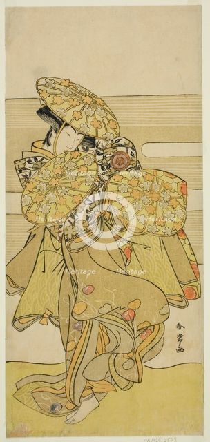 The Actor Iwai Hanshiro IV in the Hanagasa Dance in the Play Iromi-gusa Shiki no..., c. 1781. Creator: Katsukawa Shunjo.