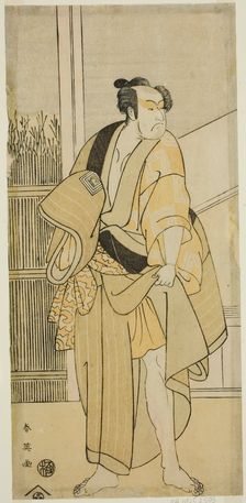 The Actor Ichikawa Monnosuke II as Hiranoya Tokubei (?) in the Play Waka Murasak..., c. 1792. Creator: Katsukawa Shun'ei
