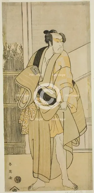 The Actor Ichikawa Monnosuke II as Hiranoya Tokubei (?) in the Play Waka Murasak..., c. 1792. Creator: Katsukawa Shun'ei.