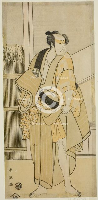 The Actor Ichikawa Monnosuke II as Hiranoya Tokubei (?) in the Play Waka Murasak..., c. 1792. Creator: Katsukawa Shun'ei.