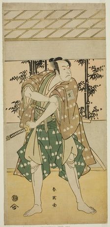 The Actor Ichikawa Omezo I as the Boatman Takihei (?) in the Play Ofunamori Ebi no..., c1792. Creator: Katsukawa Shun'ei