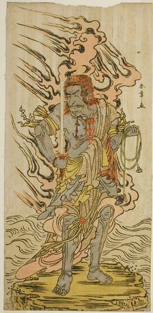 The Actor Ichikawa Danjuro V as a Stone Image of Fudo Myoo in the Play Kitekaeru...n, c. 1780. Creator: Shunsho