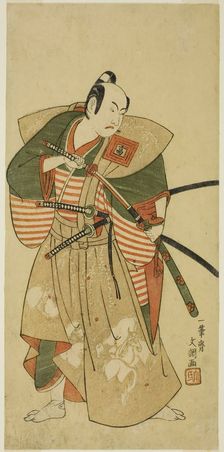 The Actor Ichikawa Komazo II as Kudo Saemon Suketsune (?) in the Play Haru wa Soga..., c. 1772. Creator: Ippitsusai Buncho