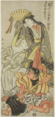 The Actor Ichikawa Komazo III in Three Roles: Nyosan no Miya (The Third Princess)..., c. 1791. Creator: Katsukawa Shun'ei