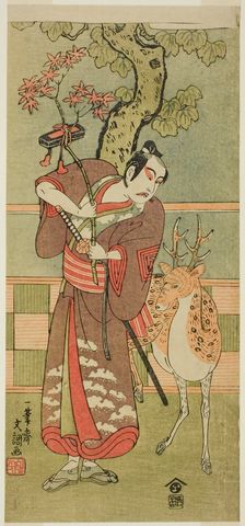 The Actor Ichikawa Yaozo II as Goi no Sho Munesada with a Deer, in the Play Kuni no..., c.1771. Creator: Ippitsusai Buncho