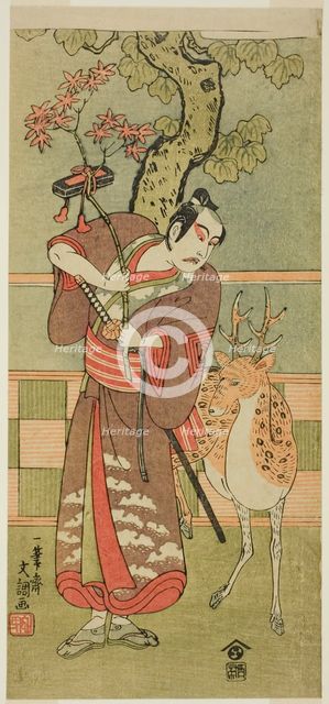 The Actor Ichikawa Yaozo II as Goi no Sho Munesada with a Deer, in the Play Kuni no..., c.1771. Creator: Ippitsusai Buncho.
