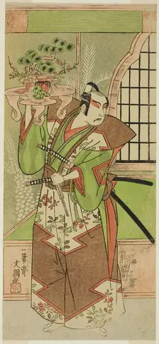 The Actor Ichikawa Yaozo II in a pre-performance celebration of the play "Soga..., 1773. Creator: Ippitsusai Buncho