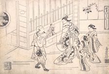 The Actor Ichimura Takenojo VIII in the Role of a Puppeteer, showing Puppets to a Cour..., ca. 1715. Creator: Torii Kiyomasu I