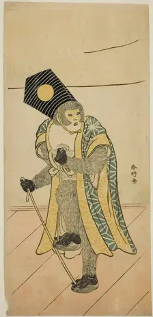 The Actor Ichimura Uzaemon IX as a Monkey in the Play Mitsu Ningyo Yayoi no Hinagata..., c1785. Creator: Katsukawa Shunko