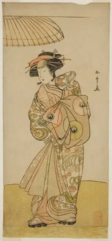 The Actor Ikushima Daikichi III as the Courtesan Naniwazu in the Play Saki Masuya Ume..., c. 1777. Creator: Shunsho