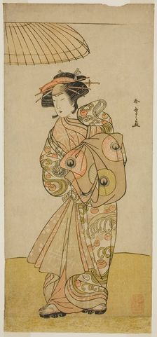 The Actor Ikushima Daikichi III as the Courtesan Naniwazu in the Play Saki Masuya Ume..., c. 1777. Creator: Shunsho