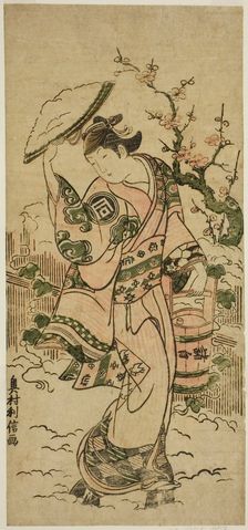 The Actor Sanogawa Mangiku as a woman walking in the snow, c. 1742. Creator: Okumura Toshinobu