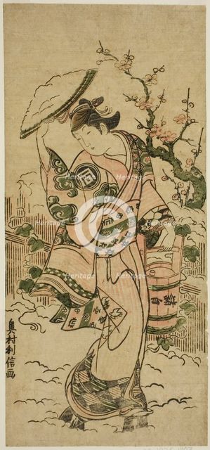The Actor Sanogawa Mangiku as a woman walking in the snow, c. 1742. Creator: Okumura Toshinobu.