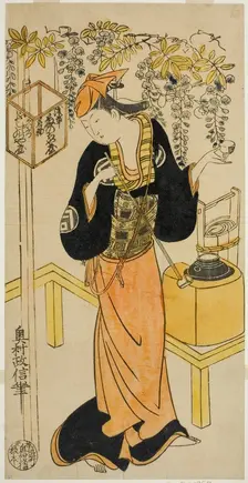 The Actor Sanogawa Mangiku I as Ohatsu in the play "Sogazaki Shinju," performed at the..., 1719. Creator: Okumura Masanobu