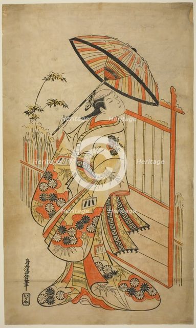 The Actor Sanogawa Mangiku I as Sanada, the daughter of the spinner Itoya, in the play "Hi..., 1718. Creator: Torii Kiyomasu.
