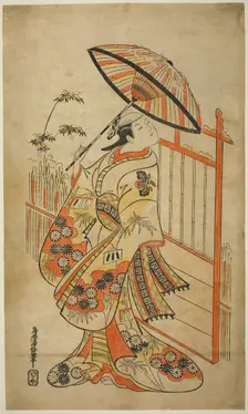 The Actor Sanogawa Mangiku I as Sanada, the daughter of the spinner Itoya, in the play "Hi..., 1718. Creator: Torii Kiyomasu