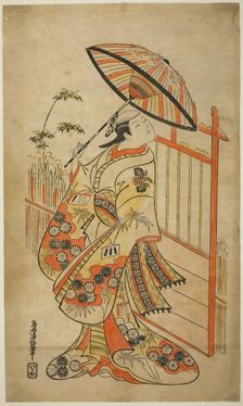 The Actor Sanogawa Mangiku I as Sanada, the daughter of the spinner Itoya, in the play "Hi..., 1718. Creator: Torii Kiyomasu