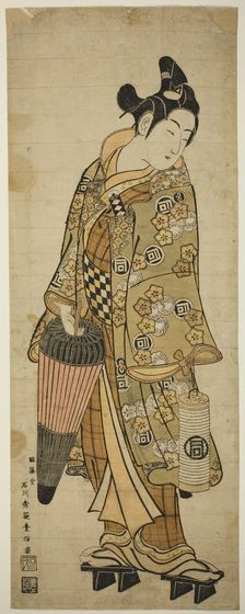 The Actor Sanogawa Ichimatsu I as a young man holding an umbrella and a lantern, c. 1748. Creator: Ishikawa Toyonobu