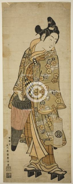 The Actor Sanogawa Ichimatsu I as a young man holding an umbrella and a lantern, c. 1748. Creator: Ishikawa Toyonobu.