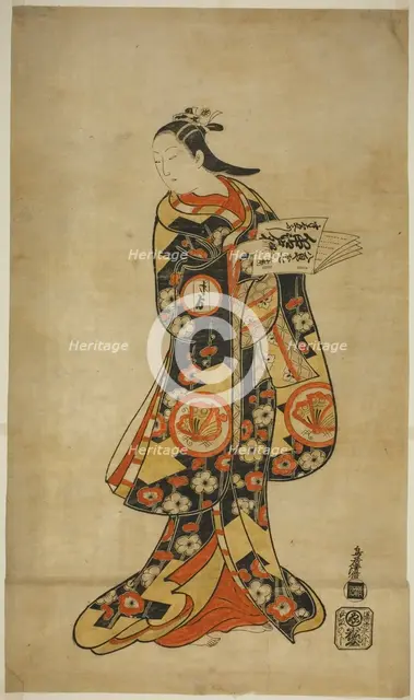 The Actor Sanjo Kantaro II as Oshichi in the play "Nanakusa Fukki Soga," performed at the, 1718. Creator: Torii Kiyonobu I.