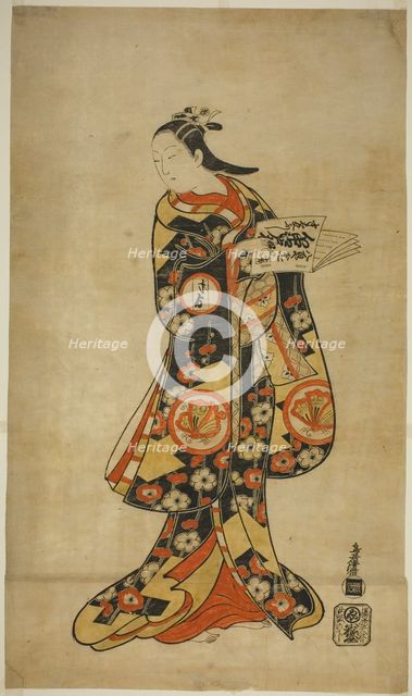 The Actor Sanjo Kantaro II as Oshichi in the play "Nanakusa Fukki Soga," performed at the, 1718. Creator: Torii Kiyonobu I.