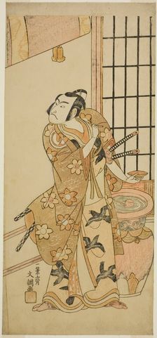 The Actor Sawamura Sojuro II as Kudo Suketsune (?) in the Play Edo no Hana Wakayagi..., c. 1769. Creator: Ippitsusai Buncho