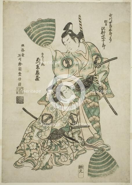 The Actor Sawamura Sojuro II (formerly Utagawa Shirogoro) as Matsuomaru and Azumo..., 1750. Creator: Ishikawa Toyonobu.