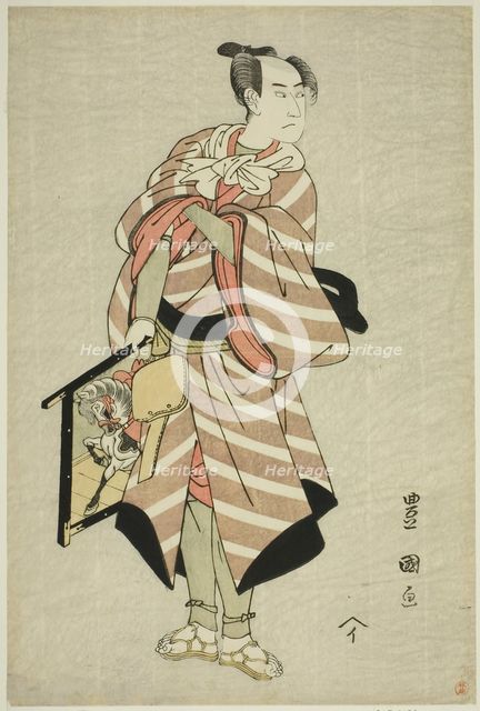 The actor Sawamura Sojuro III as the packhorse-man Muchizo in the play "Miyamairi Musub..., c. 1797. Creator: Utagawa Toyokuni I.