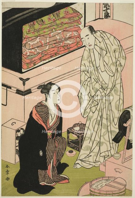 The Actor Sawamura Sojuro III (right), in His Dressing Room in Conversation with the..., c. 1780/83. Creator: Shunsho.