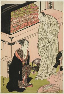 The Actor Sawamura Sojuro III (right), in His Dressing Room in Conversation with the..., c. 1780/83. Creator: Shunsho