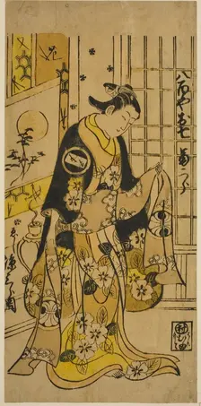 The Actor Segawa Kikujiro I as Oshichi in the play "Shochikubai Kongen Soga," performed..., 1732. Creator: Nishimura Shigenobu