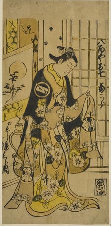 The Actor Segawa Kikujiro I as Oshichi in the play "Shochikubai Kongen Soga," performed..., 1732. Creator: Nishimura Shigenobu