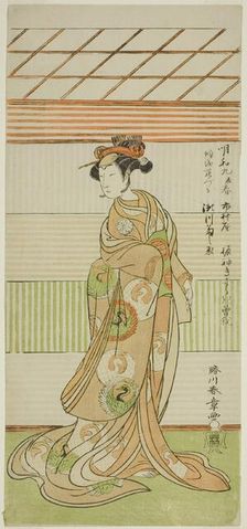 The Actor Segawa Kikunojo II as the Courtesan Maizuru in the Play Furisode Kisaragi Soga..., c.1772. Creator: Shunsho