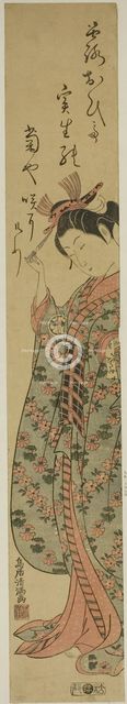 The Actor Segawa Kikunojo II as a woman holding a hairpin, c. 1760. Creator: Torii Kiyomitsu.