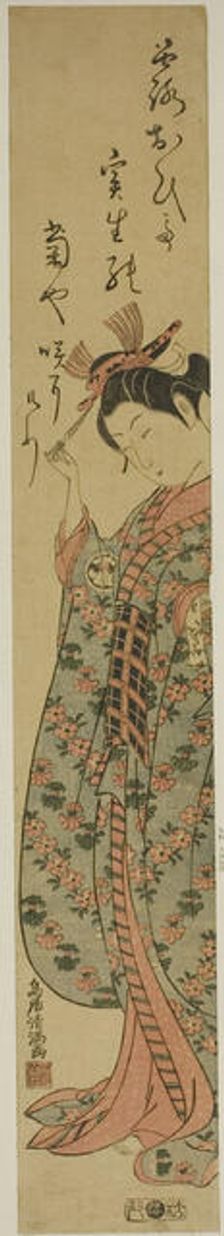 The Actor Segawa Kikunojo II as a woman holding a hairpin, c. 1760. Creator: Torii Kiyomitsu